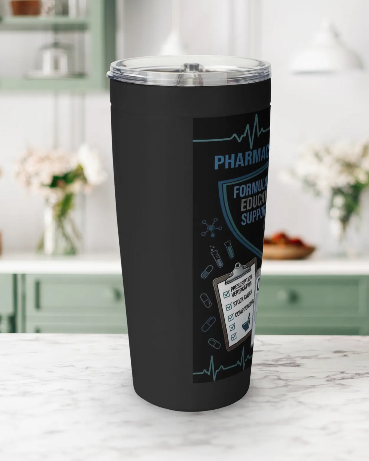 pharmacy tech tumbler 20oz on a kitchen counter, perfect gift for pharmacy technicians.