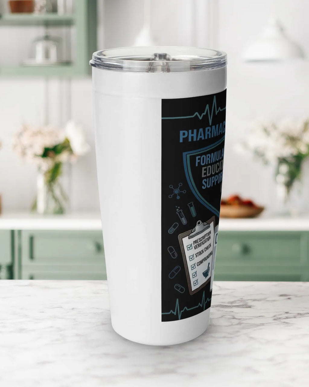 pharmacy tech tumbler 20oz on a kitchen counter, perfect gift for pharmacy technicians.