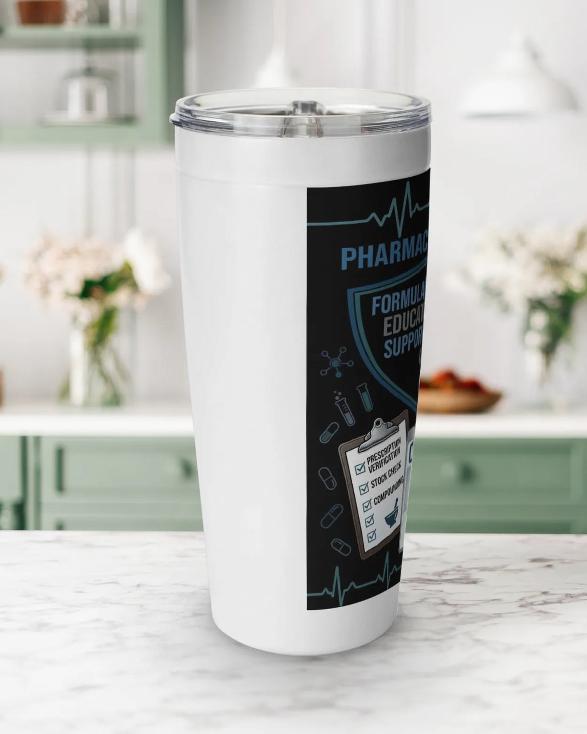 pharmacy tech tumbler 20oz on a kitchen counter, perfect gift for pharmacy technicians.