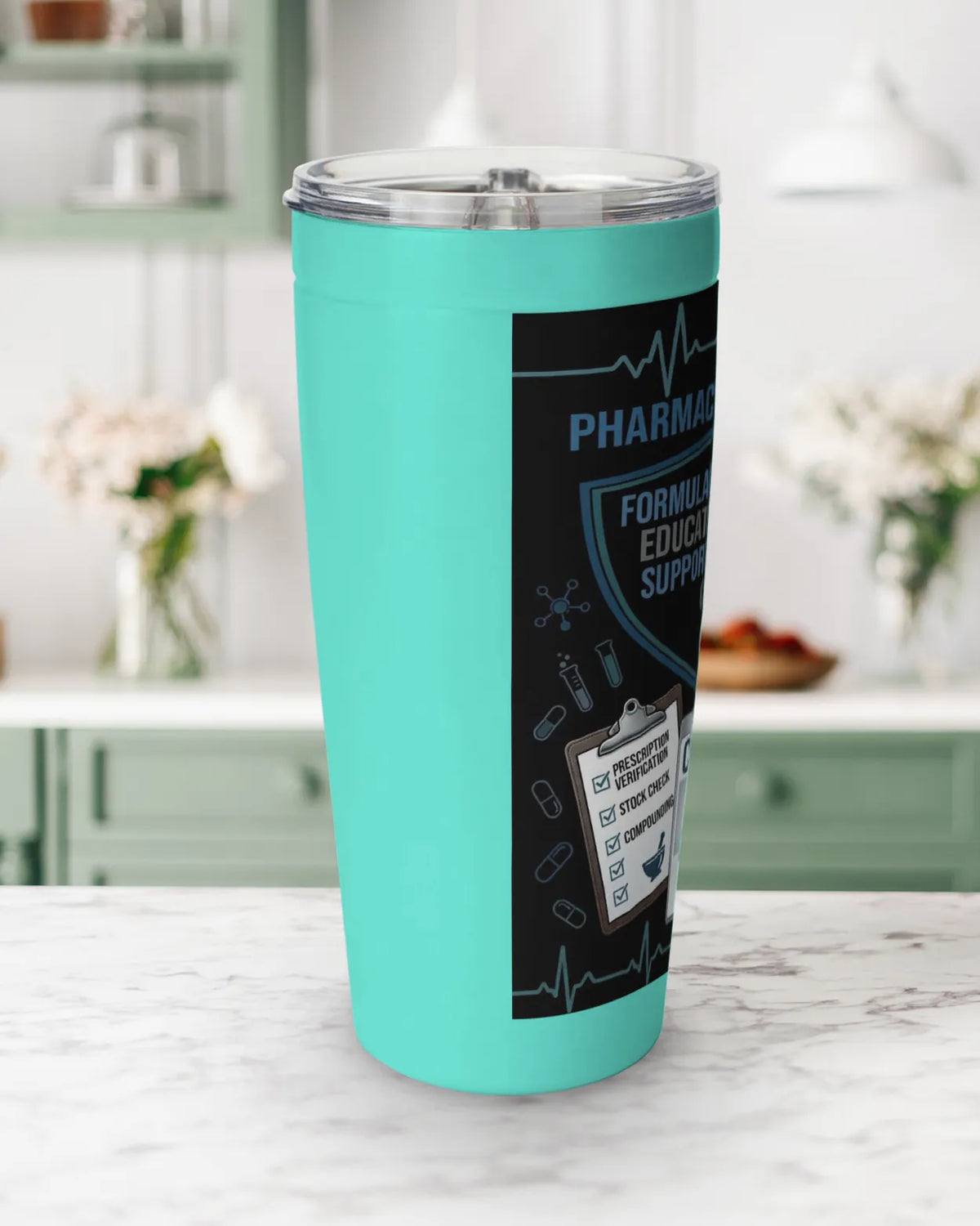 pharmacy tech tumbler 20oz on a kitchen counter, perfect gift for pharmacy technicians.