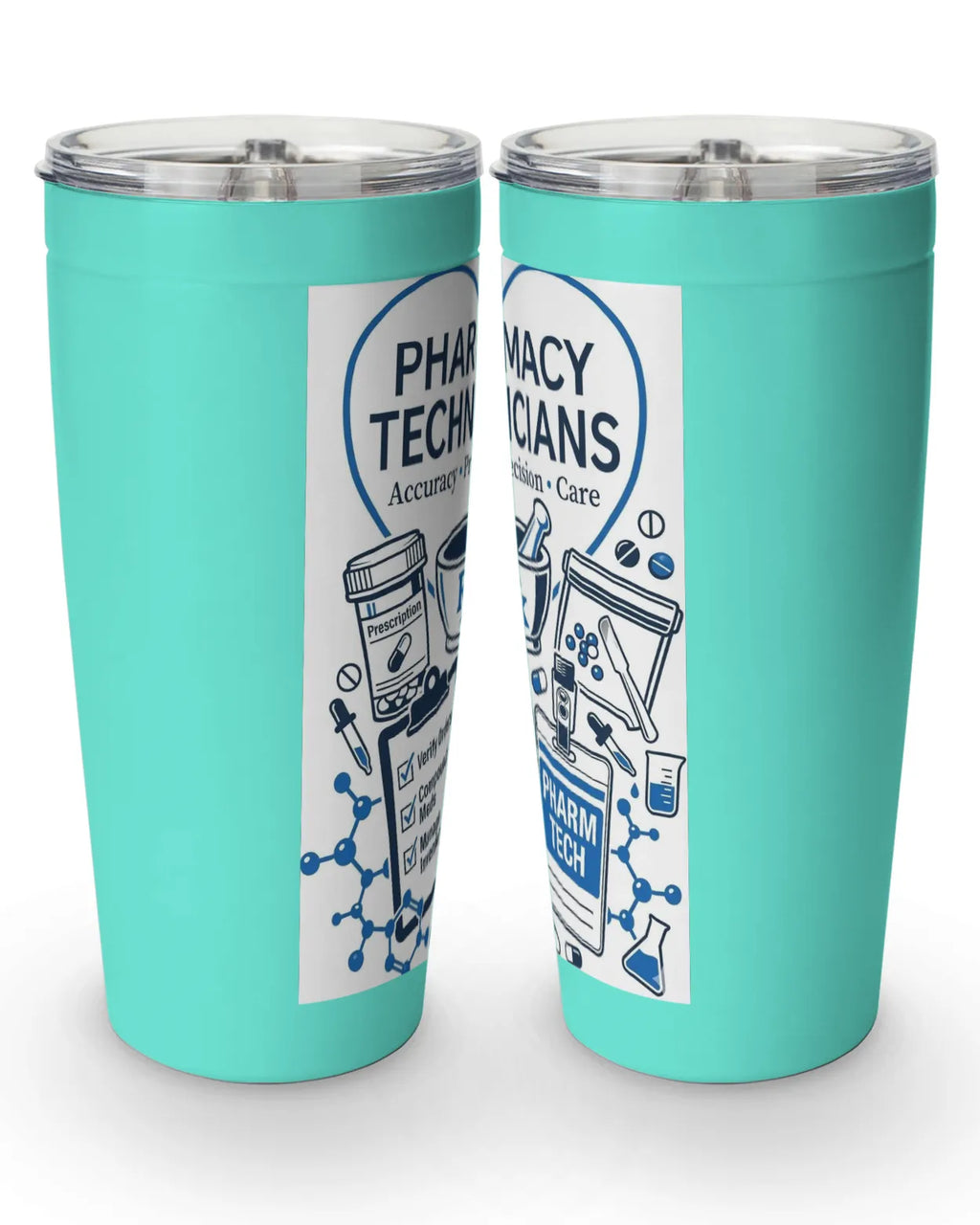 stainless steel pharmacy tumbler featuring pharmacy technician design with a 20 oz capacity and double-wall insulation