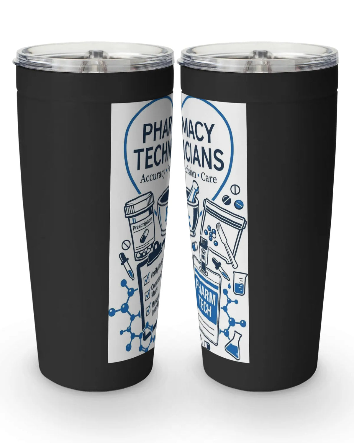 stainless steel pharmacy tumbler featuring pharmacy technician design with a 20 oz capacity and double-wall insulation