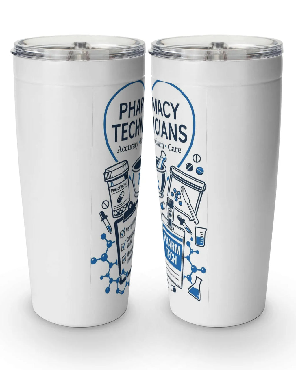 stainless steel pharmacy tumbler featuring pharmacy technician design with a 20 oz capacity and double-wall insulation