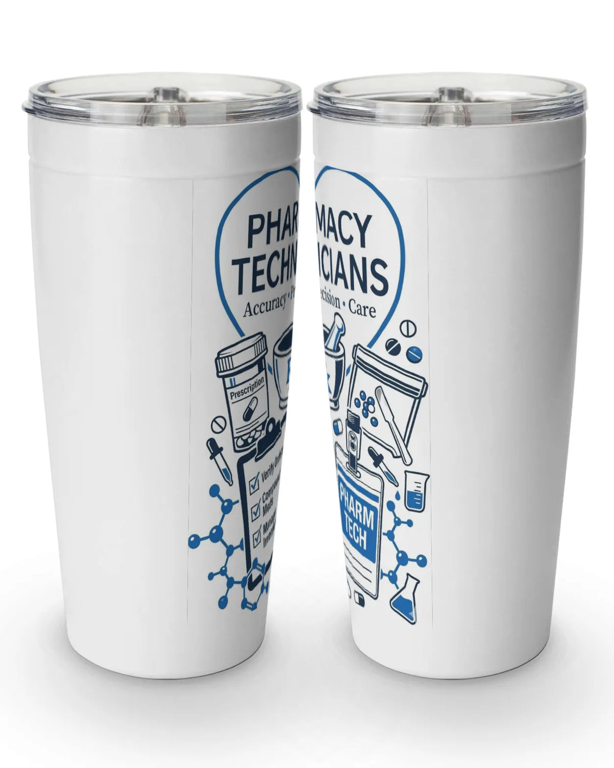 stainless steel pharmacy tumbler featuring pharmacy technician design with a 20 oz capacity and double-wall insulation