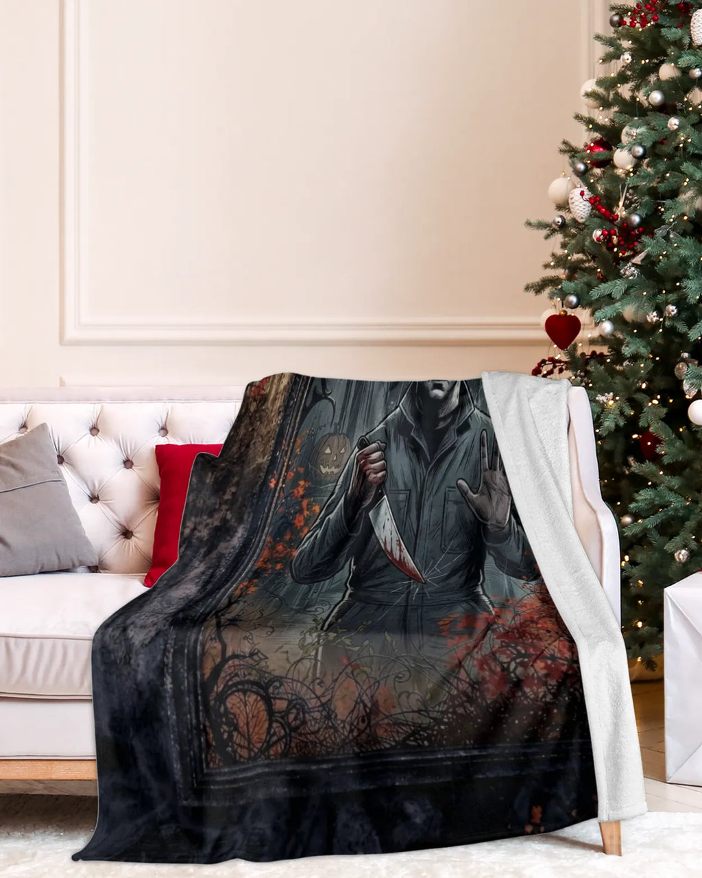 Funny Michael Myers blanket featuring a trapped design with the iconic character holding a knife.