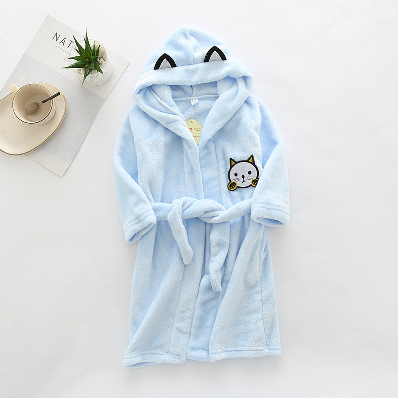 Kids flannel bathrobe in pink, gray, white, and beige with cute bear print and cozy hood.