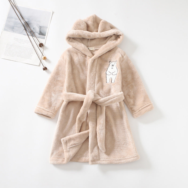 Kids flannel bathrobe in pink, gray, white, and beige with cute bear print and cozy hood.