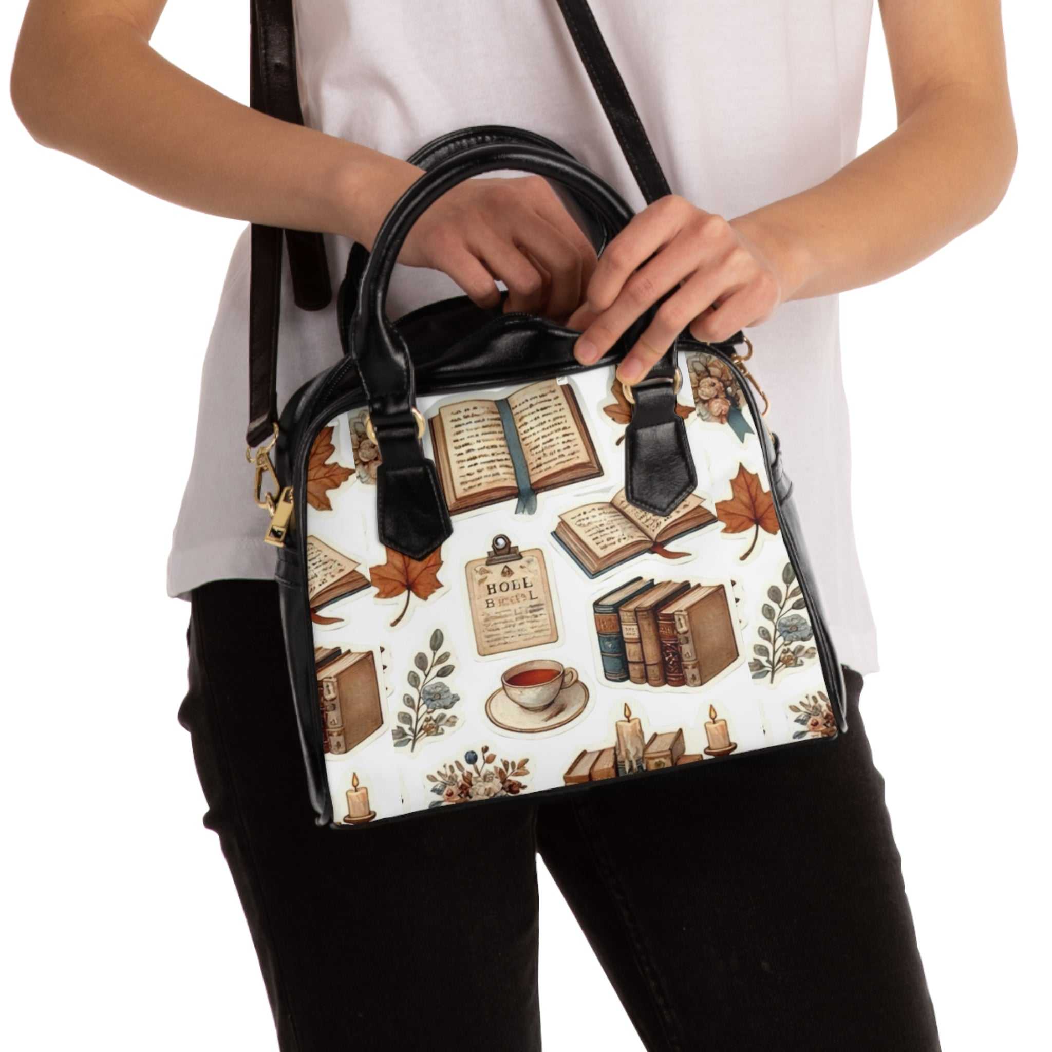 Personalized shoulder handbag with book and coffee design, black handles, adjustable PU leather strap