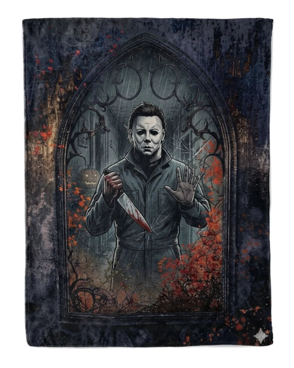 Funny Michael Myers blanket featuring a trapped design with the iconic character holding a knife.