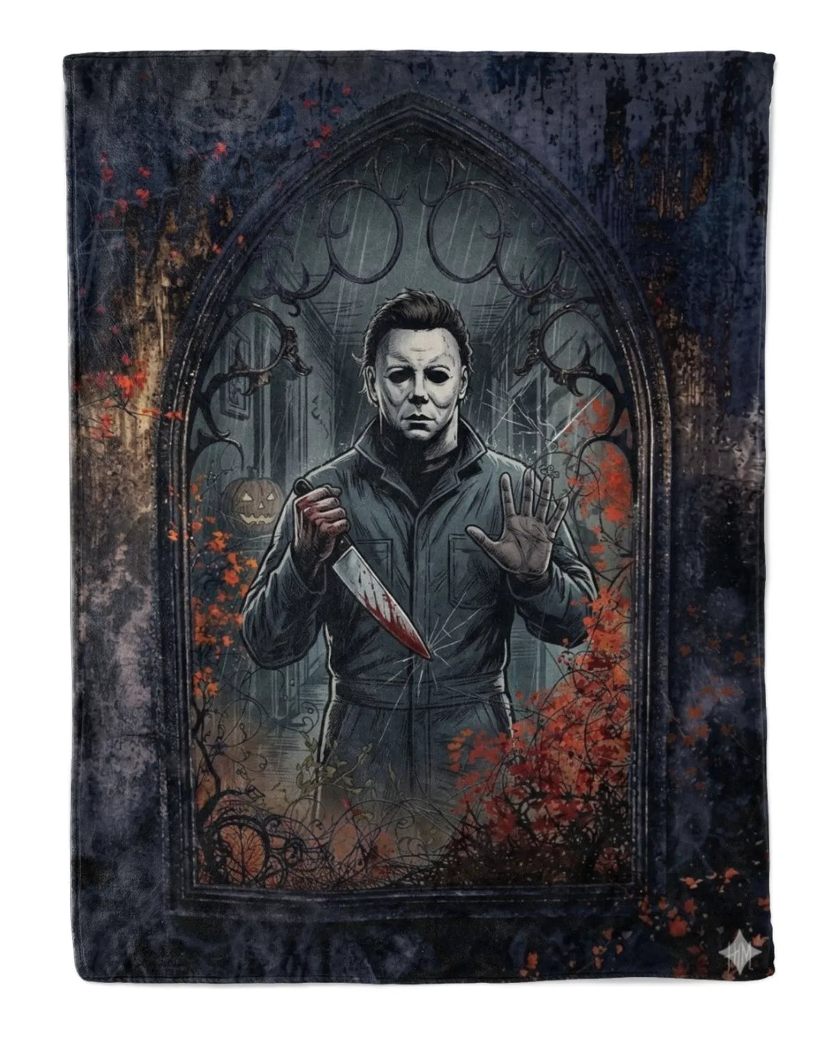 Funny Michael Myers blanket featuring a trapped design with the iconic character holding a knife.