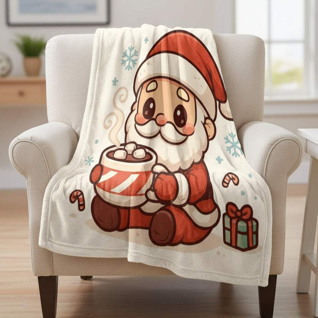 Santa drinking hot cocoa illustration on a cozy velveteen plush blanket with holiday-themed design