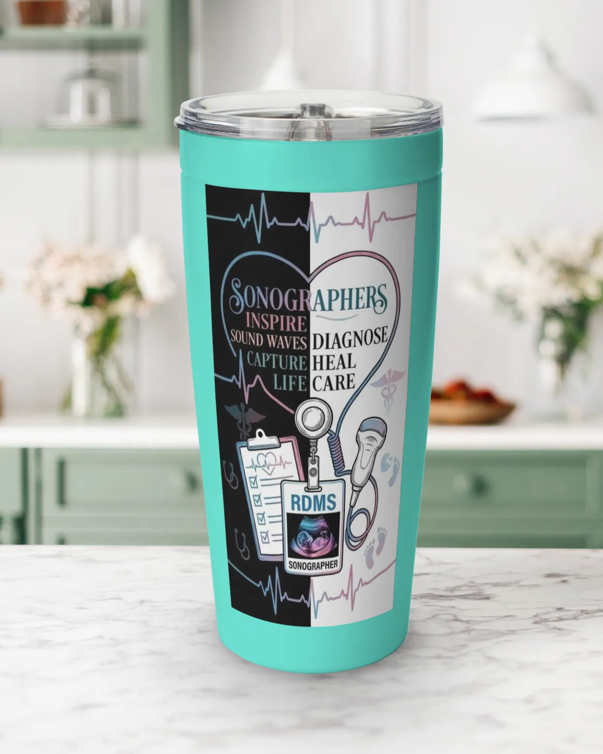 Sonographer tumbler featuring inspirational ultrasound graphics and vibrant colors, perfect for ultrasound tech gifts.