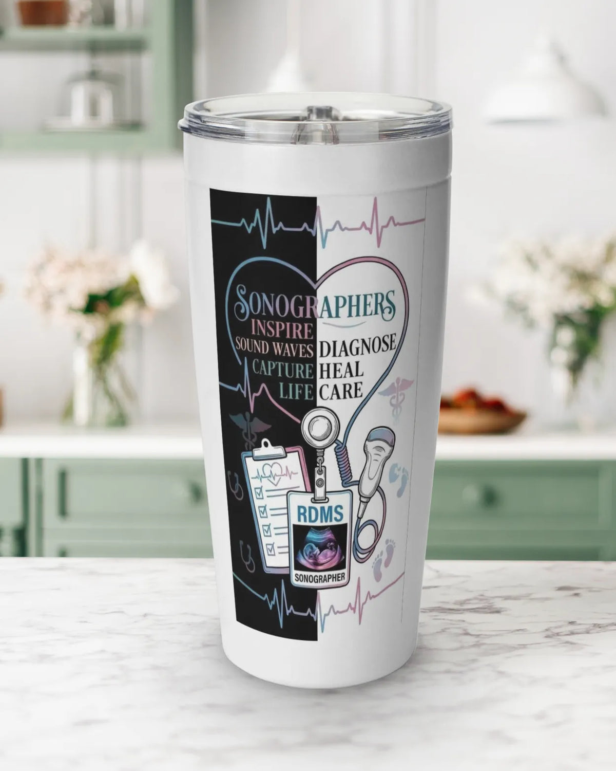 Sonographer tumbler featuring inspirational ultrasound graphics and vibrant colors, perfect for ultrasound tech gifts.