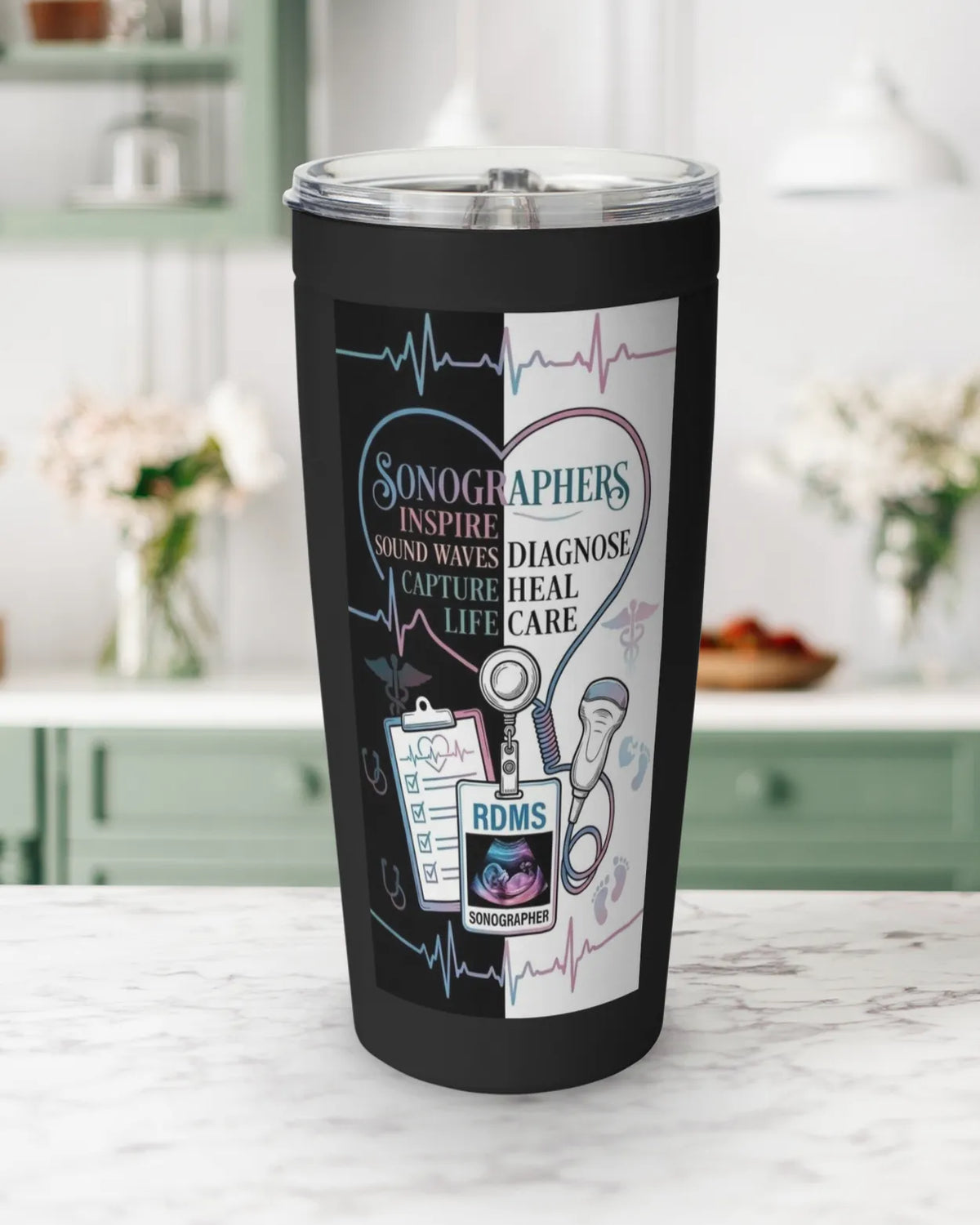 Sonographer tumbler featuring inspirational ultrasound graphics and vibrant colors, perfect for ultrasound tech gifts.