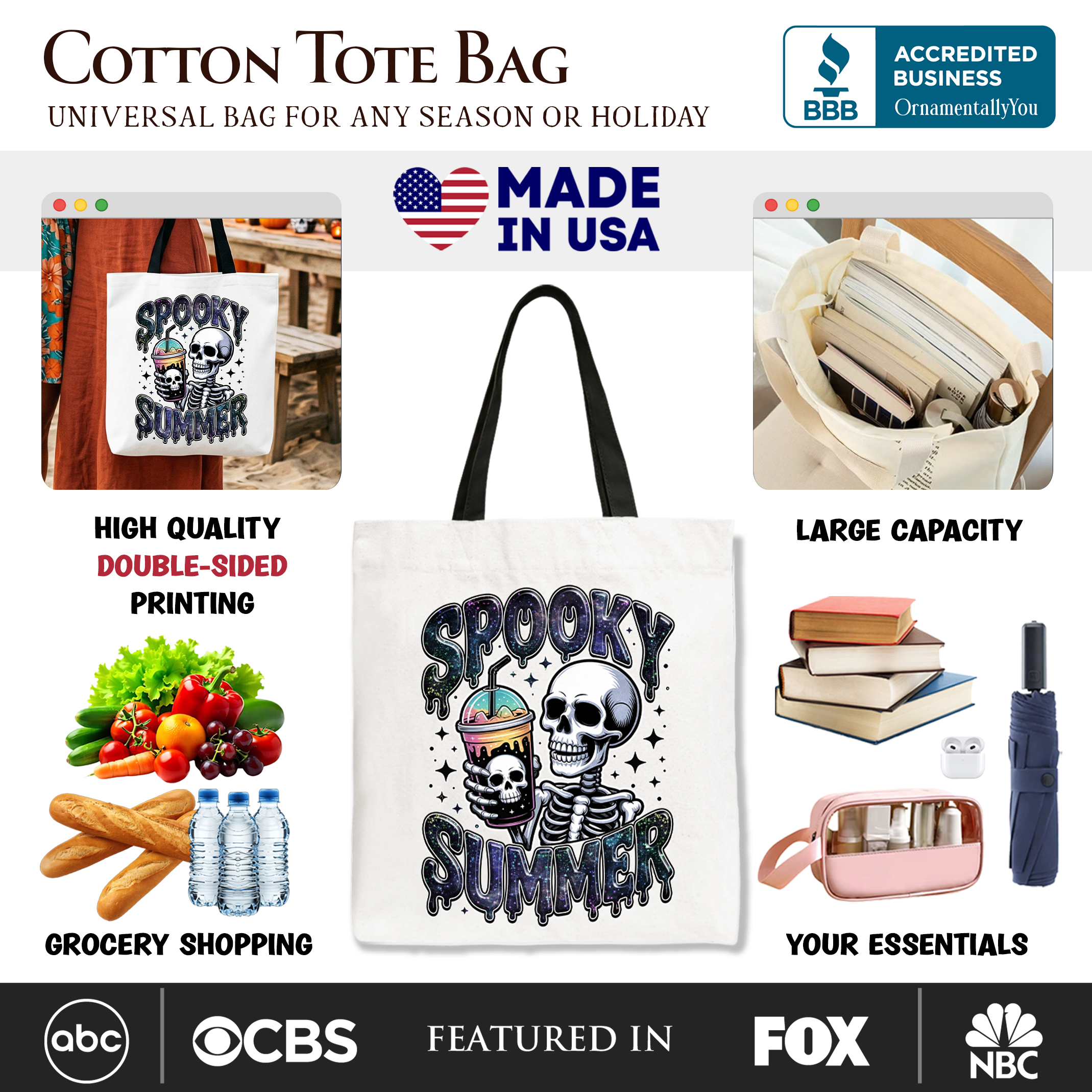 Spooky Summer Skeleton Tote Bag, Snarky Halloween Gift Shopper for Coffee and Horror Fanatics