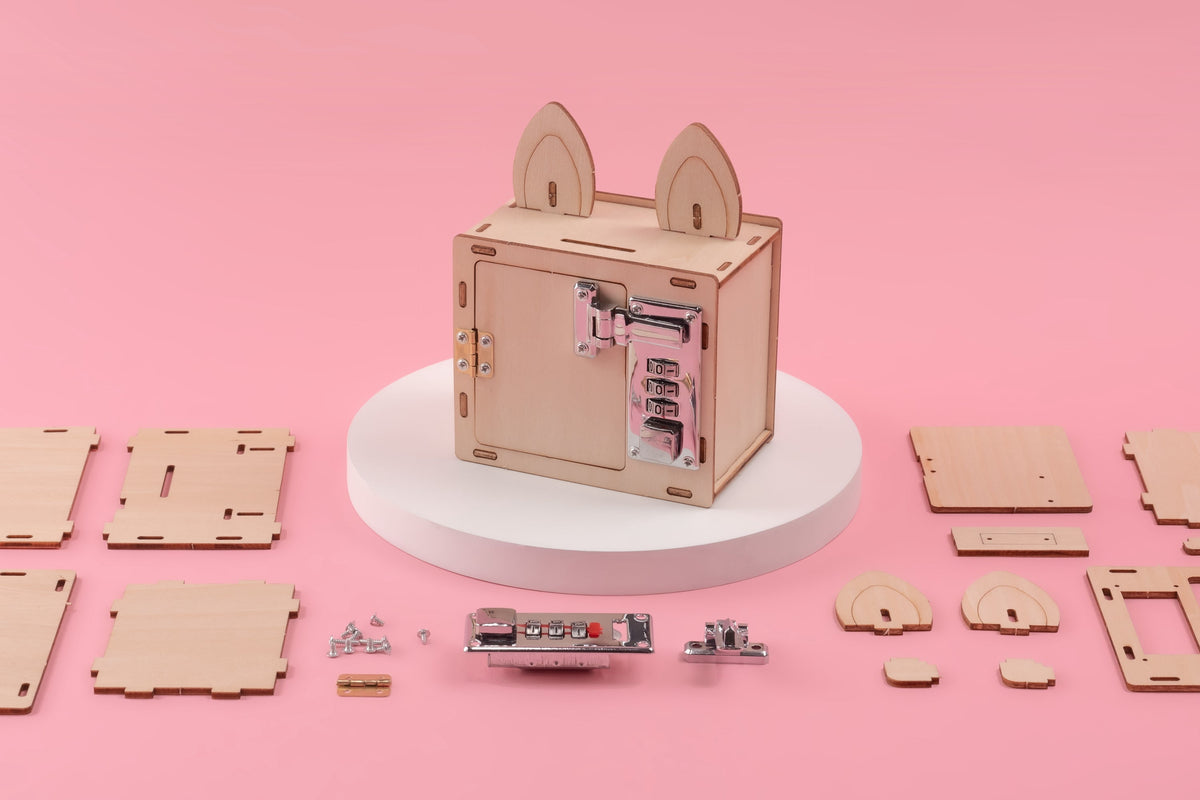 Combination lock box DIY kit for kids educational STEM toy showing lock and phone holder components
