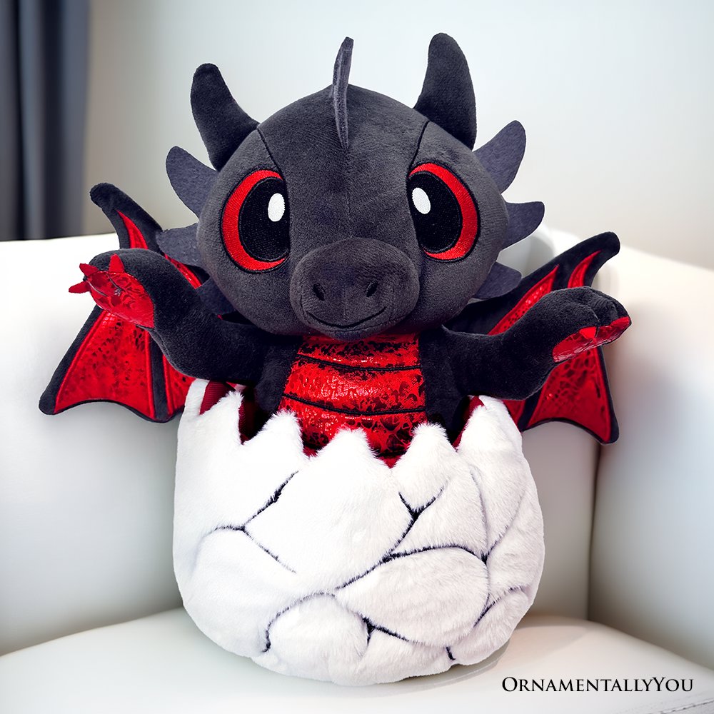 Drogo the Dino in an Egg Plushie, 12" Black and Red Dinosaur Stuffed Animal Gift for Boys and Teens
