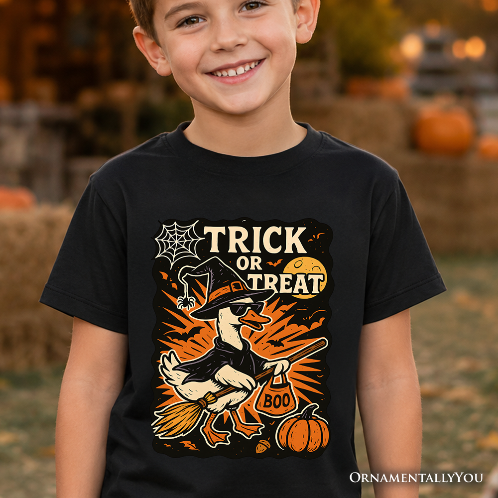 Kids Trick or Treat Goose T-Shirt, Vintage Halloween Witch Tee for Youth