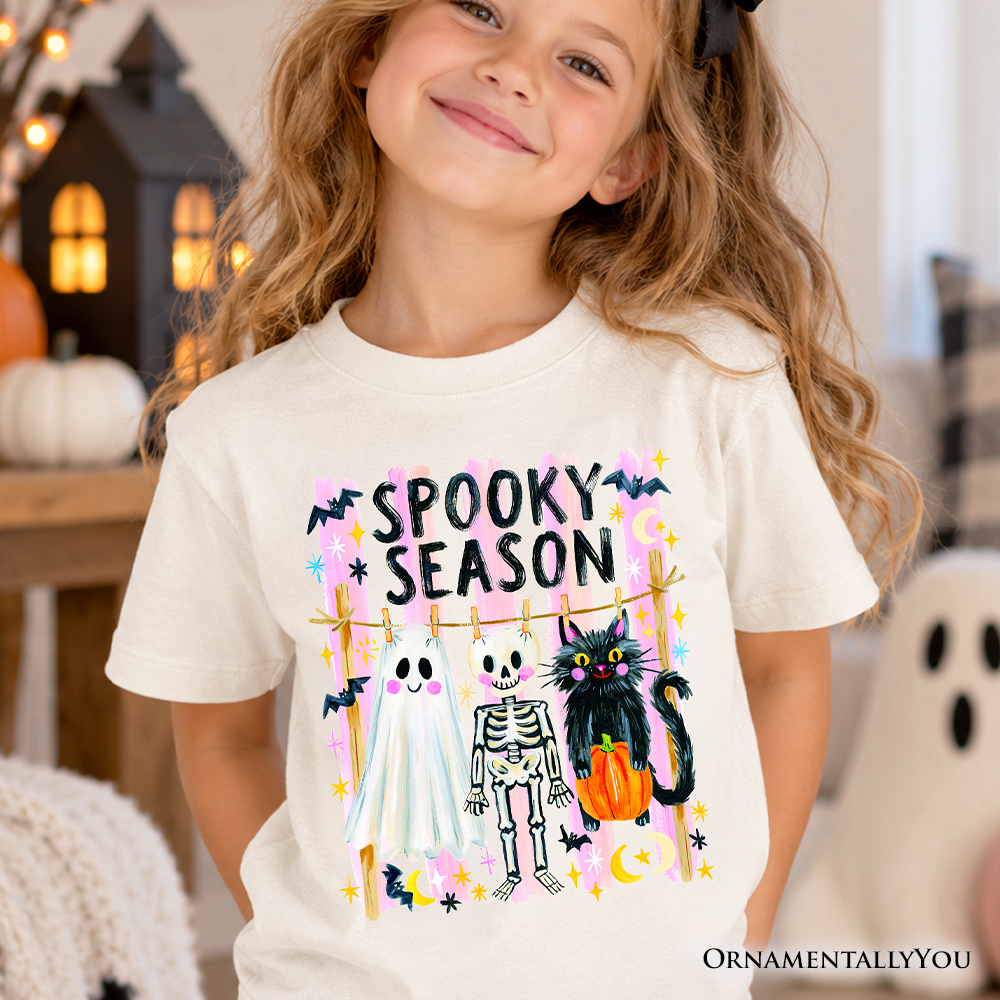 Kids Spooky Season Ghost Skeleton Cat T-Shirt, Colorful Halloween Costume Youth Tee