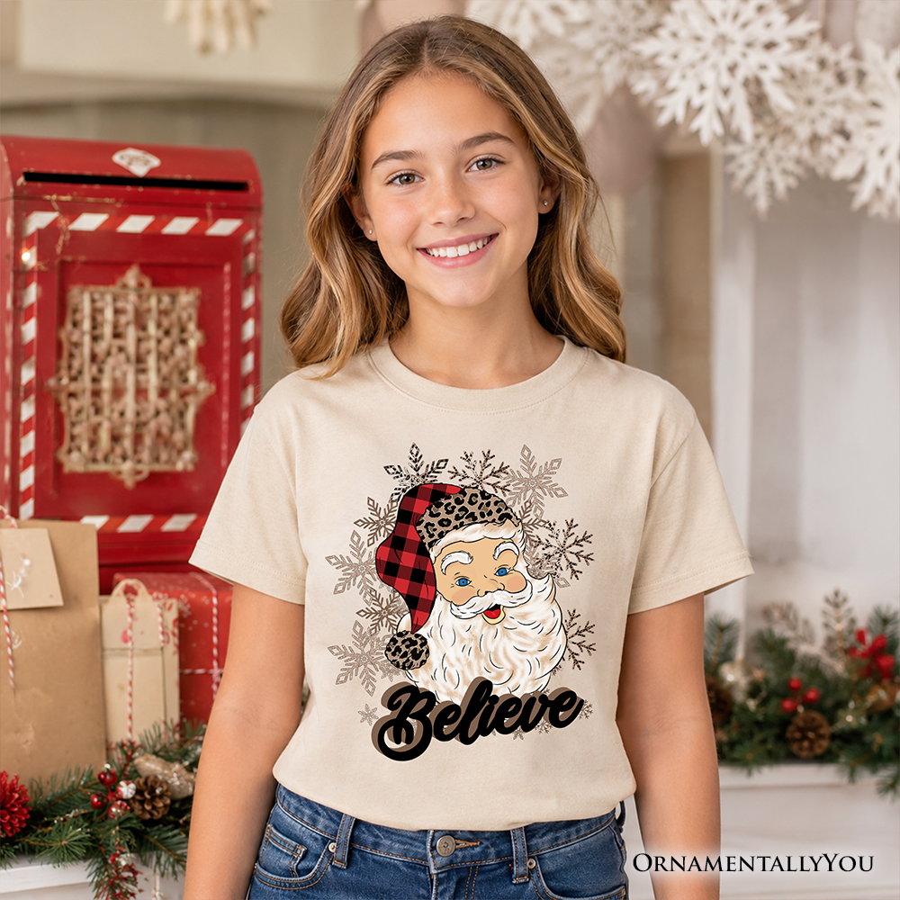 Kids Believe Santa Buffalo Plaid T-Shirt, Retro Christmas Youth Tee