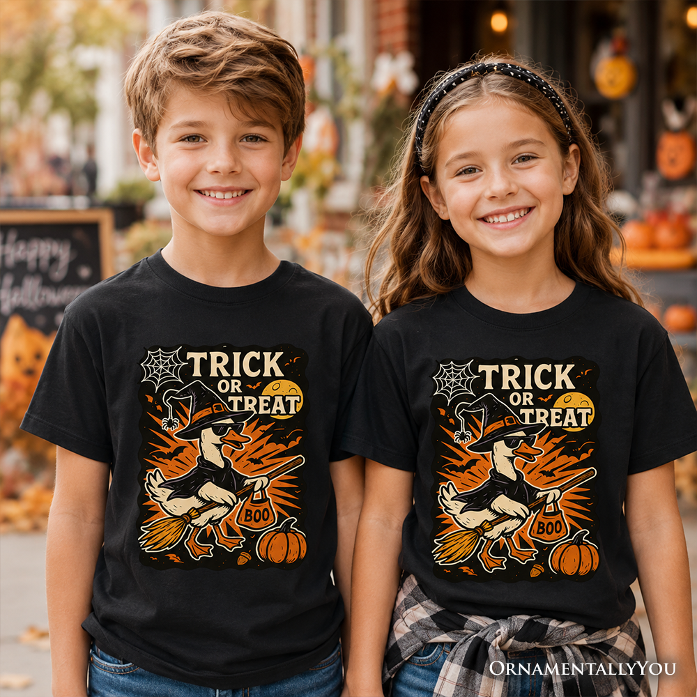 Kids Trick or Treat Goose T-Shirt, Vintage Halloween Witch Tee for Youth