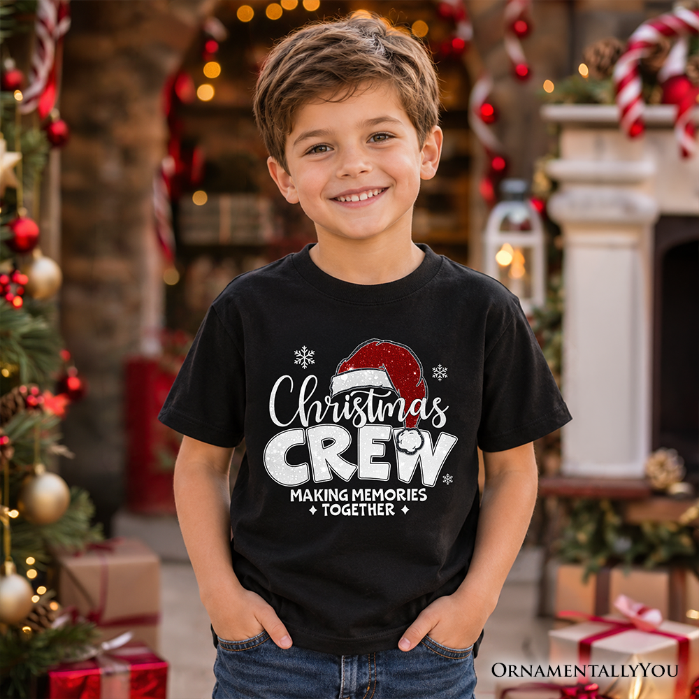 Kids Christmas Crew T-Shirt, Glitter Santa Hat Youth Tee for Making Memories