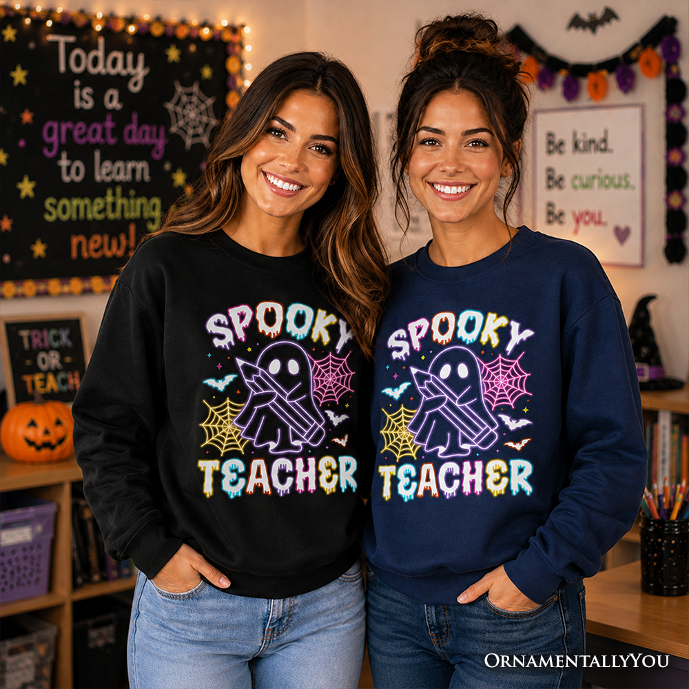 Spooky Teacher Neon Ghost Sweatshirt, Retro Halloween Sweater for Educators