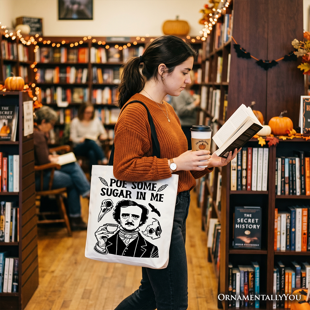 Poe Some Sugar On Me Tote Bag, Funny Edgar Allan Poe Retro Gift Shopper for Dark Academia Enthusiasts
