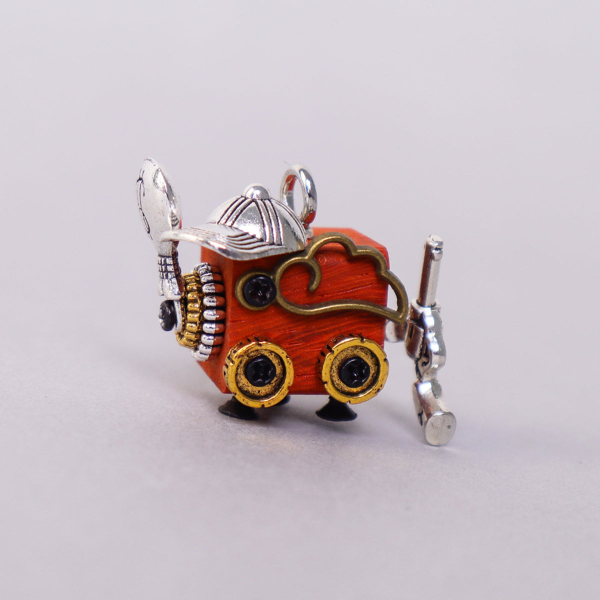 Handcrafted wooden bot necklace keychain mini decor unique natural wood robot charm