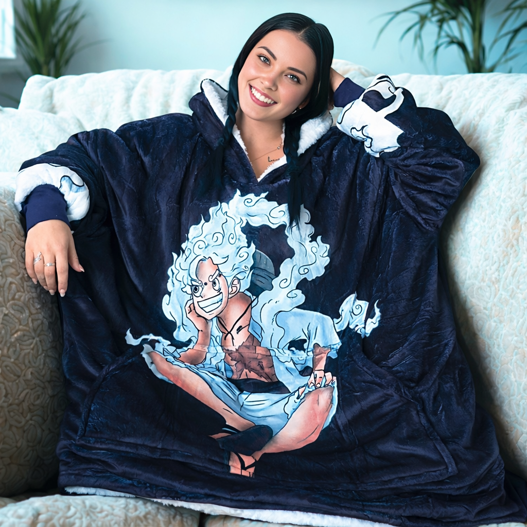 Gear 5 Luffy One Piece wearable blanket hoodie in plush sherpa fabric for kids and adults