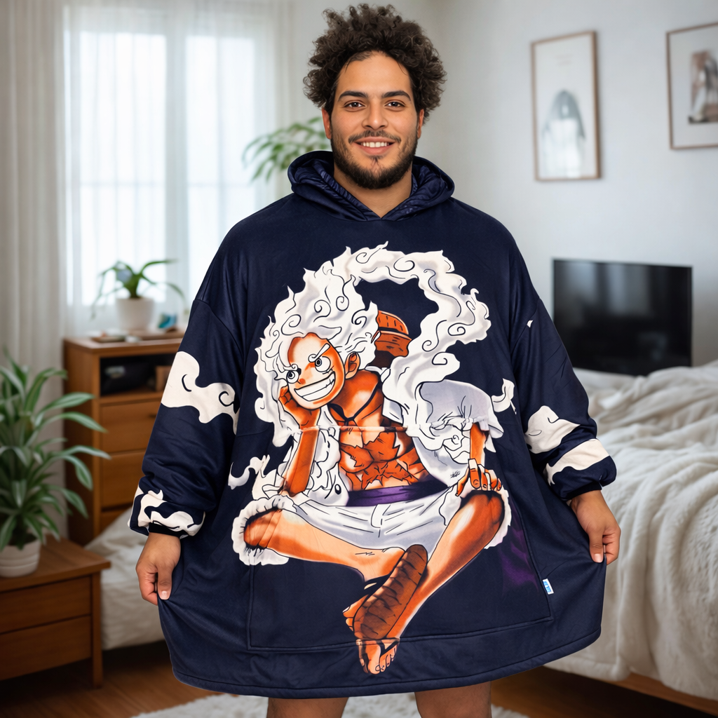 Gear 5 Luffy One Piece wearable blanket hoodie in plush Sherpa fabric for kids and adults