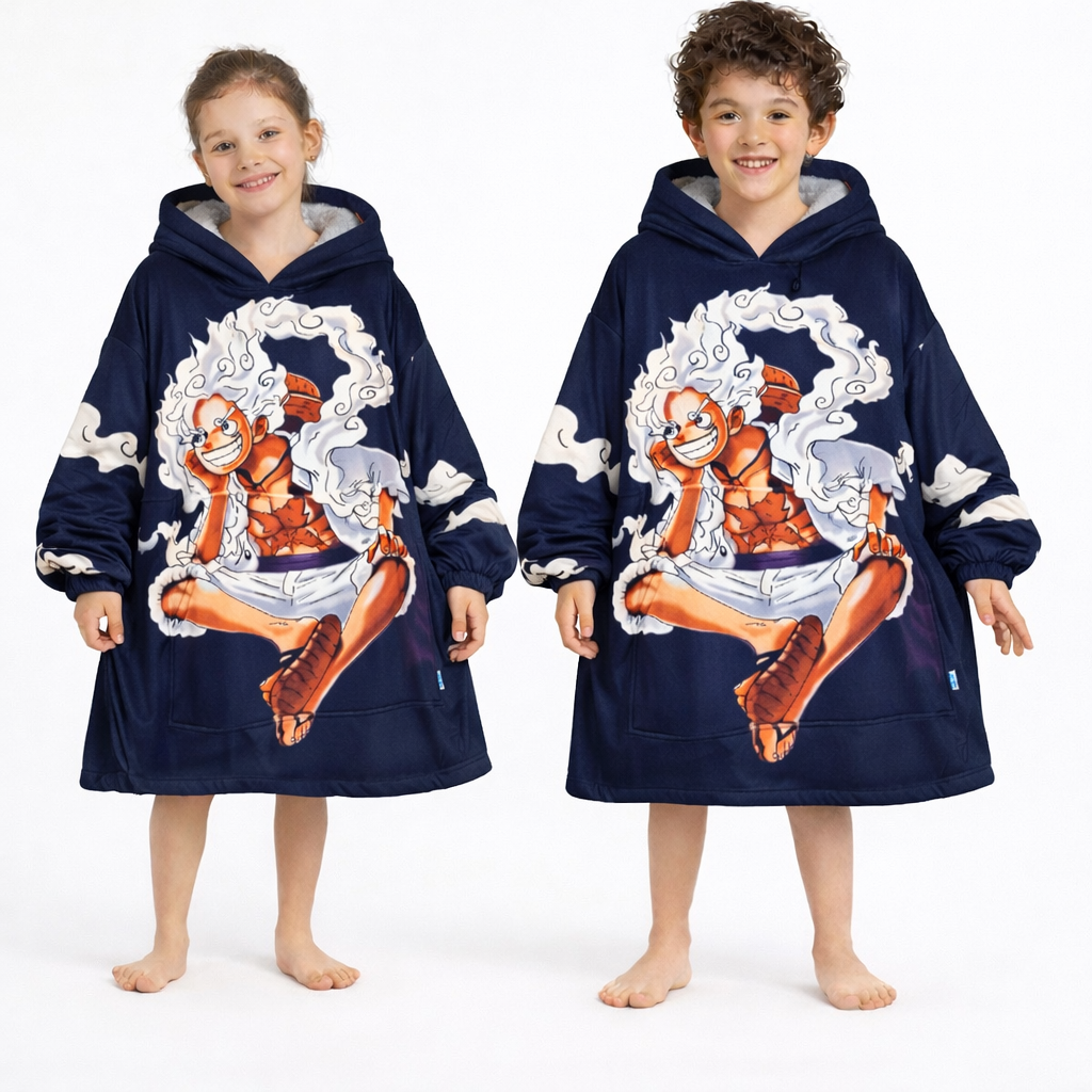 Gear 5 Luffy One Piece wearable blanket hoodie with oversized Sherpa design for kids and adults
