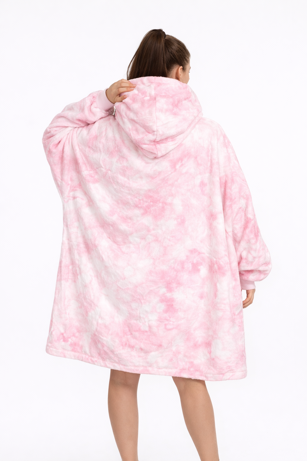 Child wearing Nezuko Kamado wearable blanket hoodie inspired by Demon Slayer, cozy and oversized Sherpa design