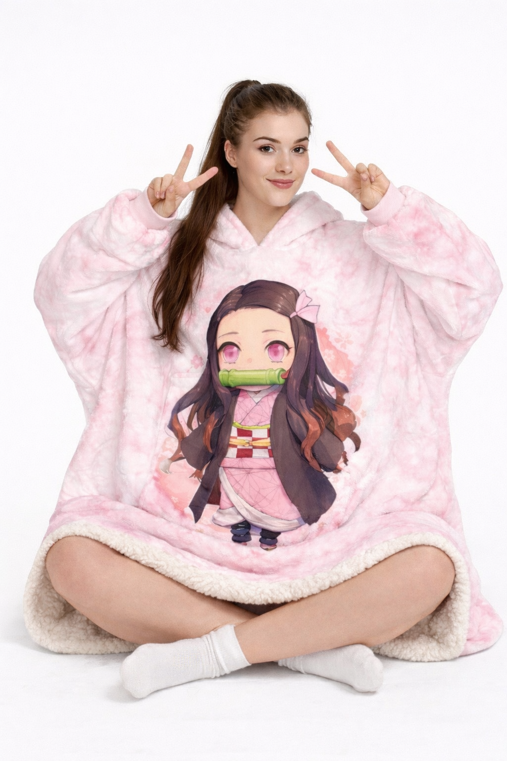 Nezuko Kamado wearable blanket hoodie for kids and adults in soft oversized sherpa design inspired by Demon Slayer anime