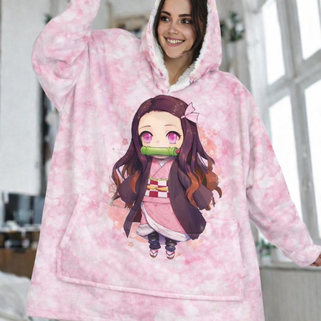 Nezuko Kamado wearable blanket hoodie oversized soft Sherpa anime blanket for kids and adults from Demon Slayer