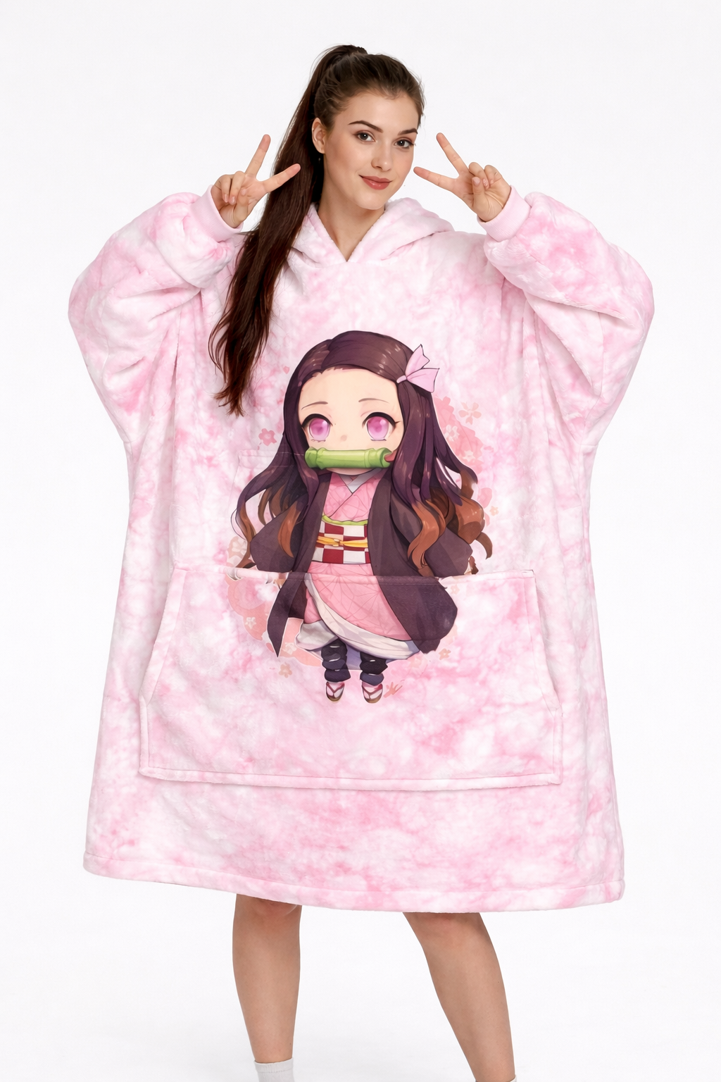Nezuko Kamado wearable blanket hoodie in soft oversized Sherpa fabric for kids and adults, Demon Slayer anime-inspired design