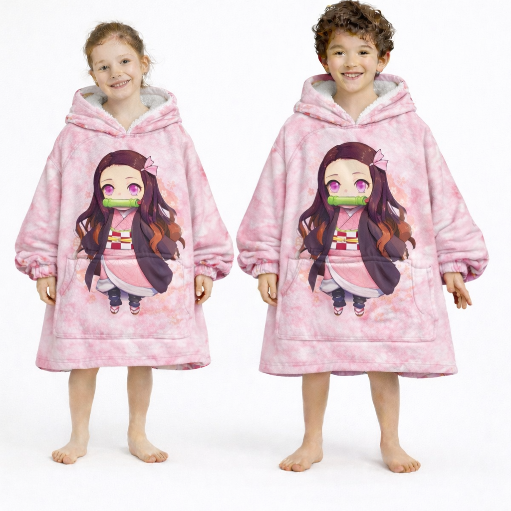 Nezuko Kamado wearable blanket hoodie cozy oversized Sherpa blanket for kids and adults inspired by Demon Slayer anime