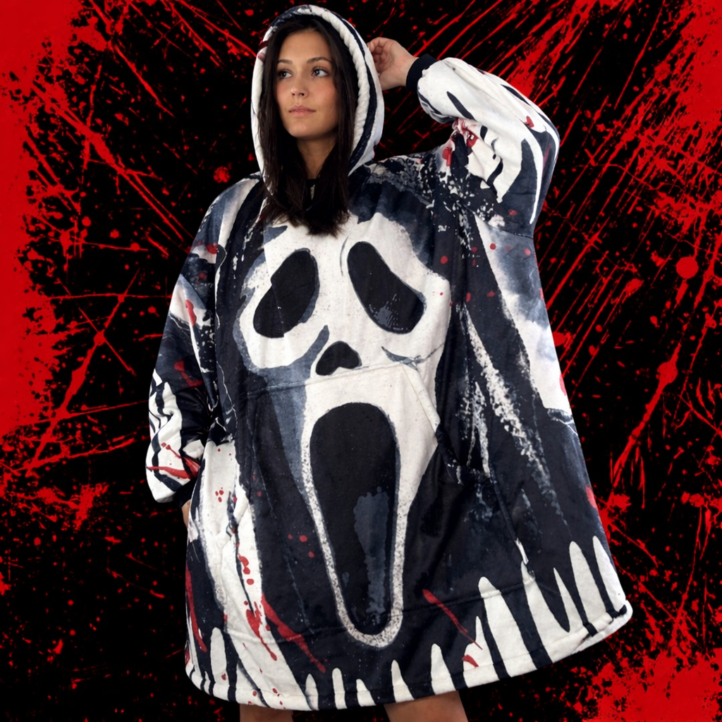 Ghost Face Horror wearable oversized Sherpa blanket hoodie in white and black design for kids and adults