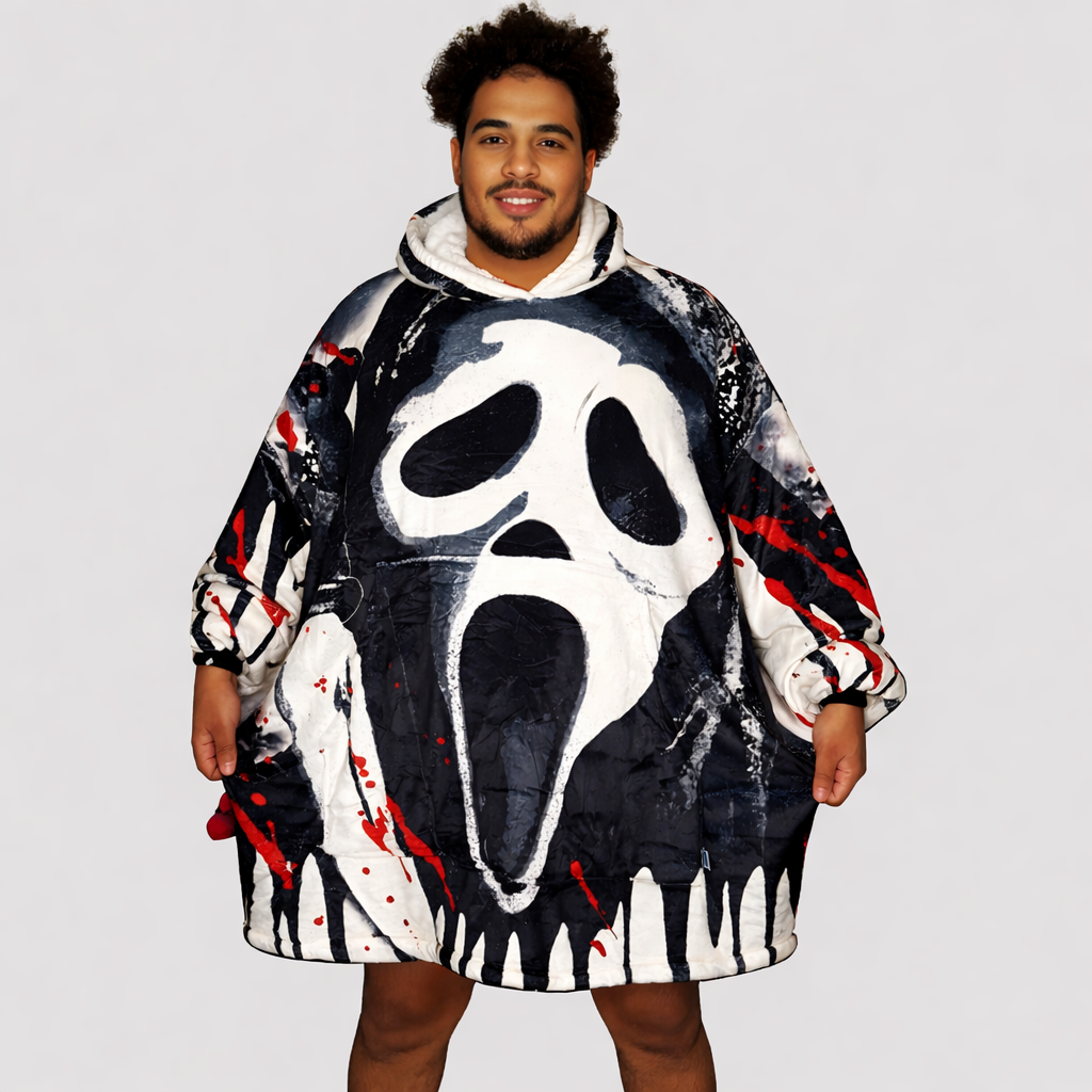 Ghost Face Horror wearable blanket hoodie in oversized soft Sherpa for kids and adults