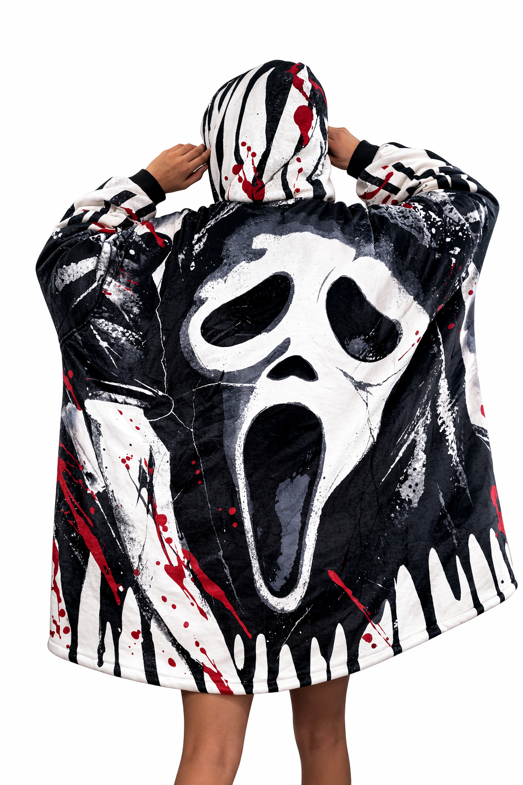 Ghost Face Horror wearable blanket hoodie with oversized Sherpa fabric perfect for kids and adults