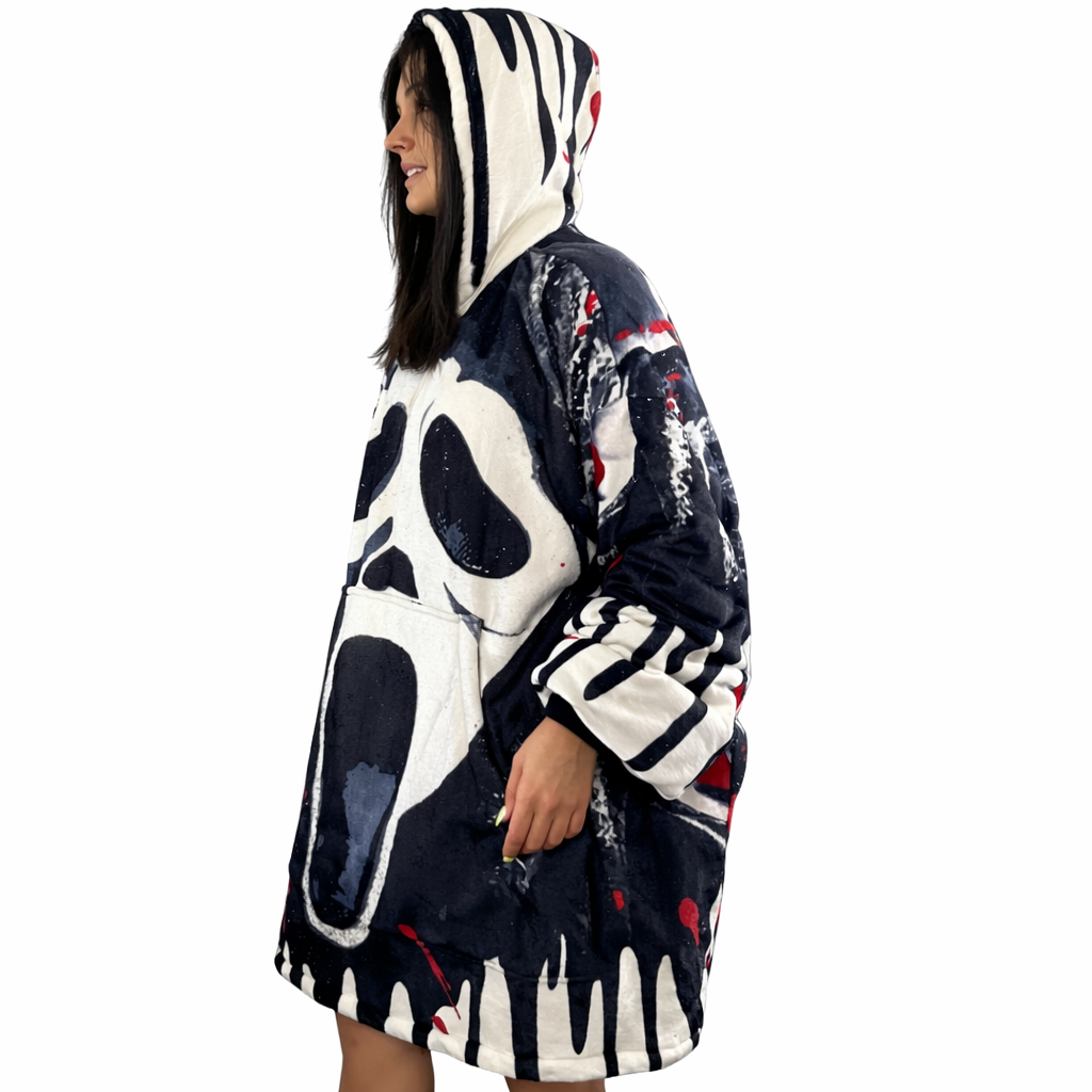 Ghost Face Horror wearable blanket hoodie in soft oversized Sherpa for kids and adults