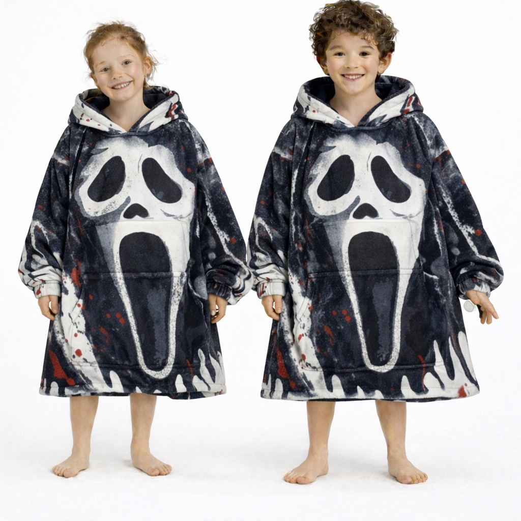 Ghost Face Horror wearable blanket hoodie in oversized soft Sherpa for kids and adults