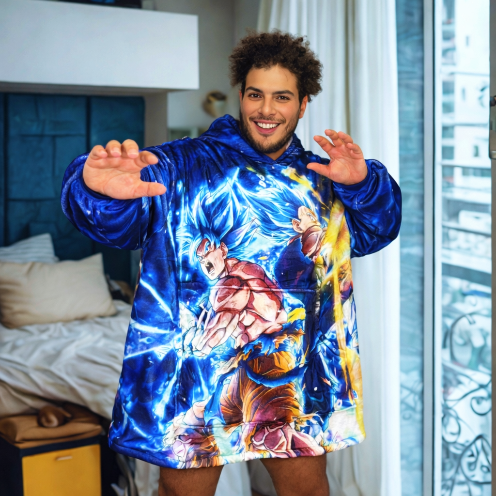 Dragon Ball Z Ultra Instinct Vegeta and Goku wearable Sherpa blanket hoodie for kids and adults