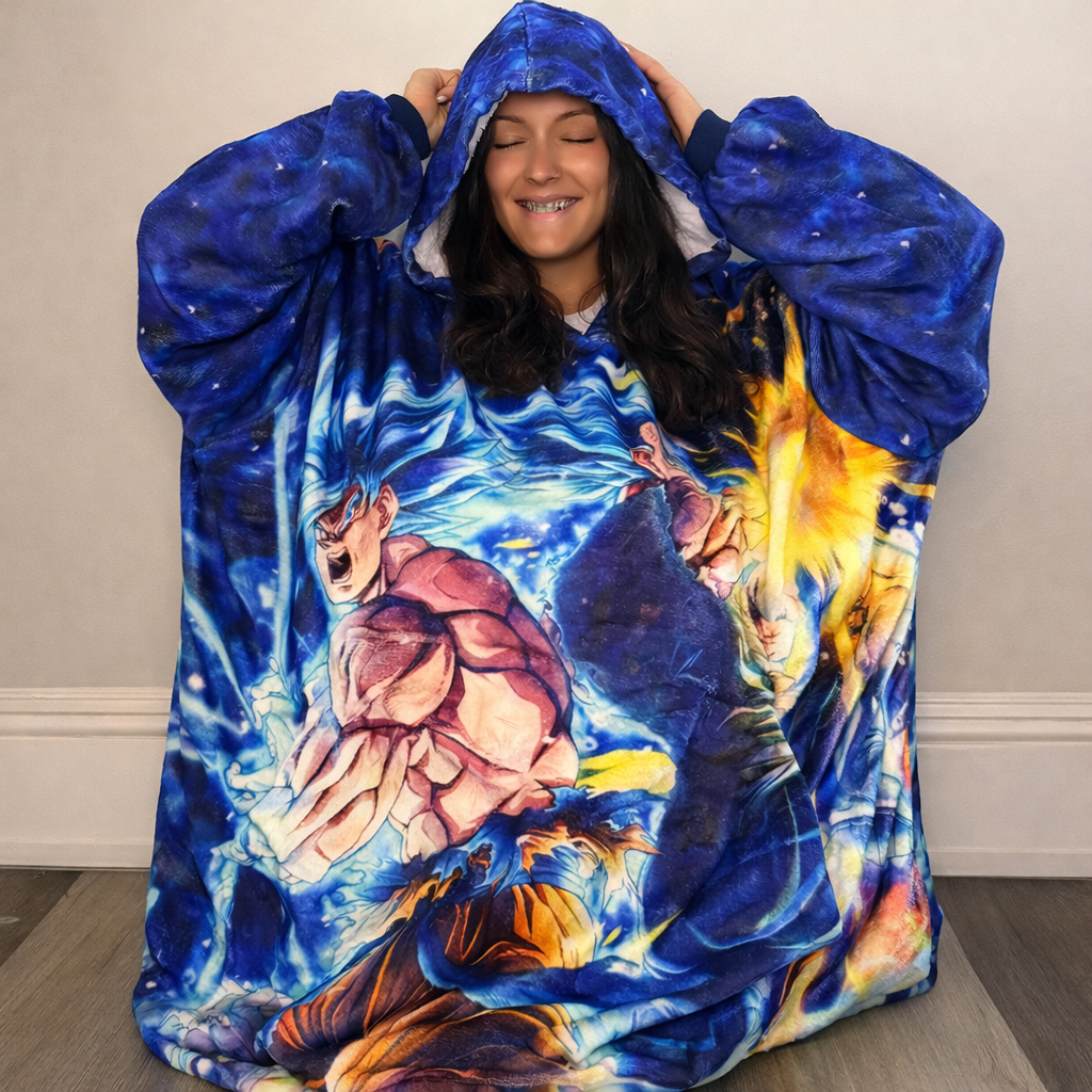 Ultra Instinct Vegeta & Goku Dragon Ball Z wearable blanket hoodie in soft oversized Sherpa for kids and adults