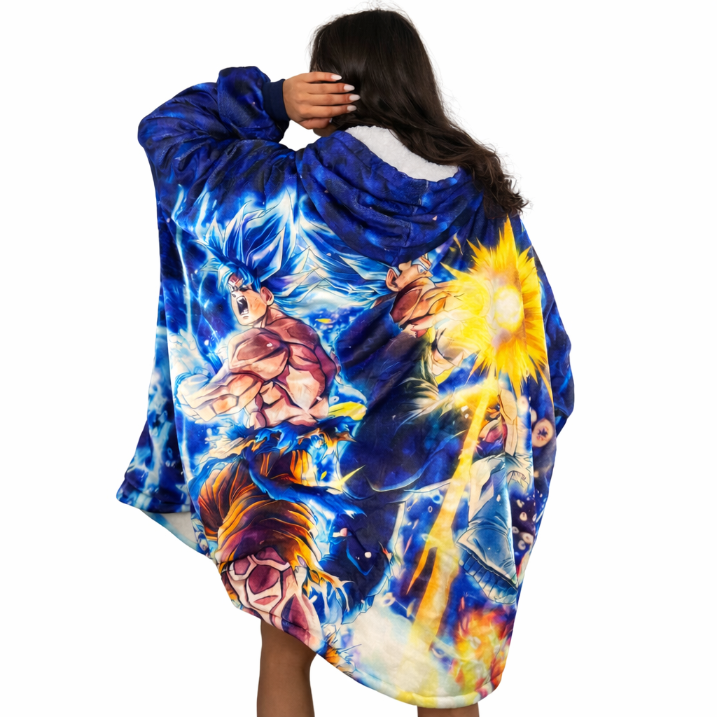 Dragon Ball Z Ultra Instinct Vegeta and Goku wearable Sherpa blanket hoodie for kids and adults