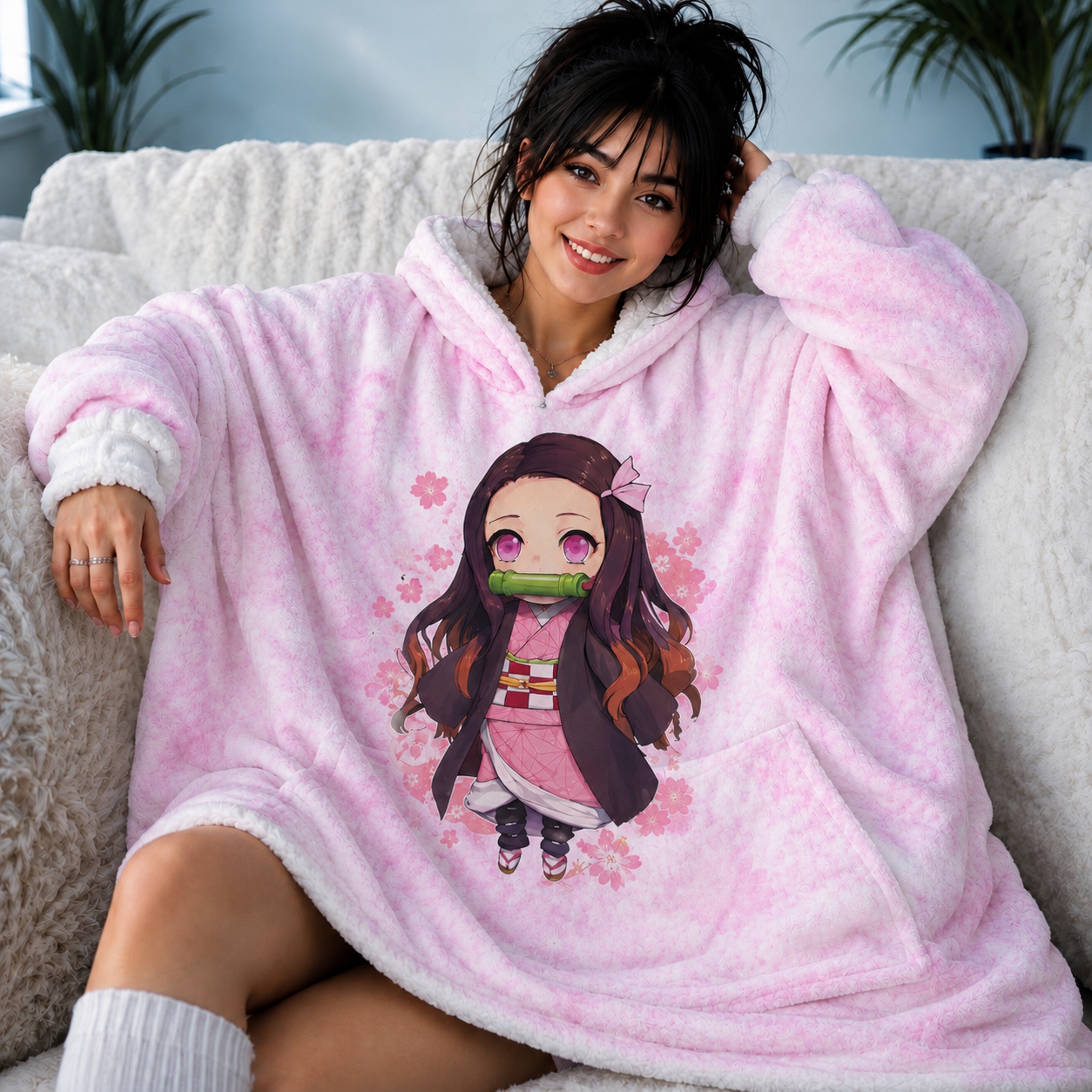 Nezuko Kamado wearable blanket hoodie in soft oversized Sherpa for kids and adults inspired by Demon Slayer anime