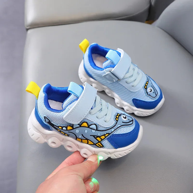 Kids LED dinosaur sneakers light up mesh breathable shoes boys girls