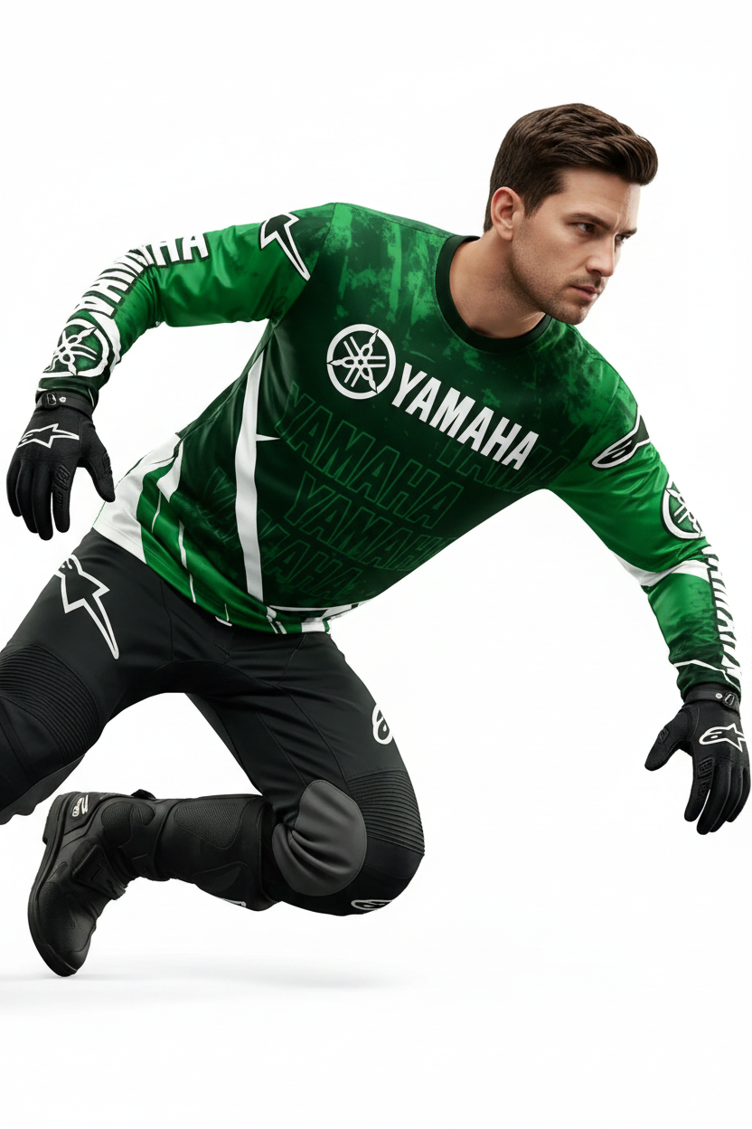 Yamaha motorcycle riding suit front view, breathable off-road gear