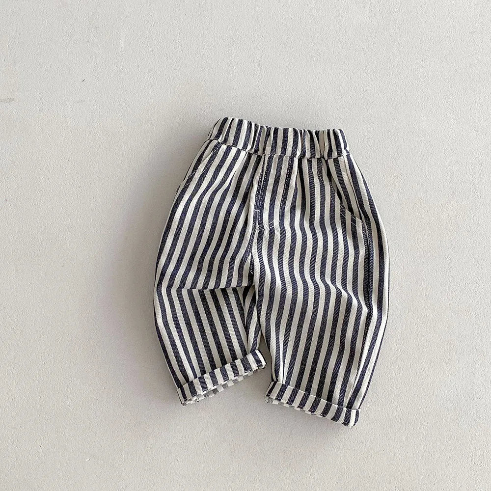 Kids Tapped Casual Striped Pants 0-5T Girls Boys Fashion Stripe Trousers Children Solid Denim Jeans Britches