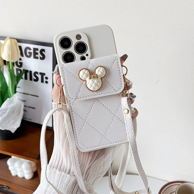 Cartoon Diamond Leather Wallet Soft Case for IPhone 14 13 11 15 Pro Max 12 Mini XS XR X 8 7 Plus SE2022 14Pro With Lanyard Cover